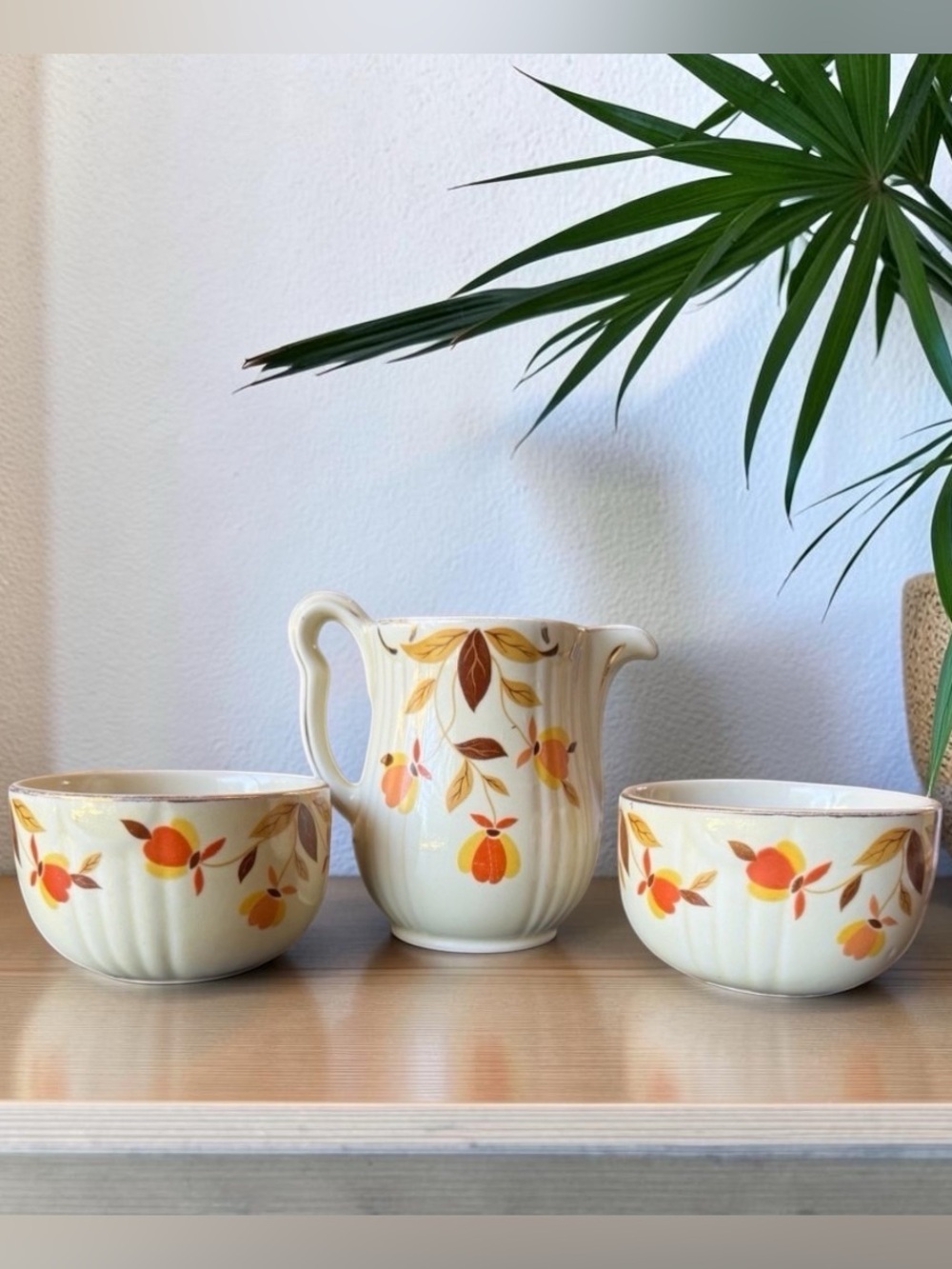Vintage Hall’s Superior Creamer & Custard Cups Set – Autumn Floral Pattern 3 Pc